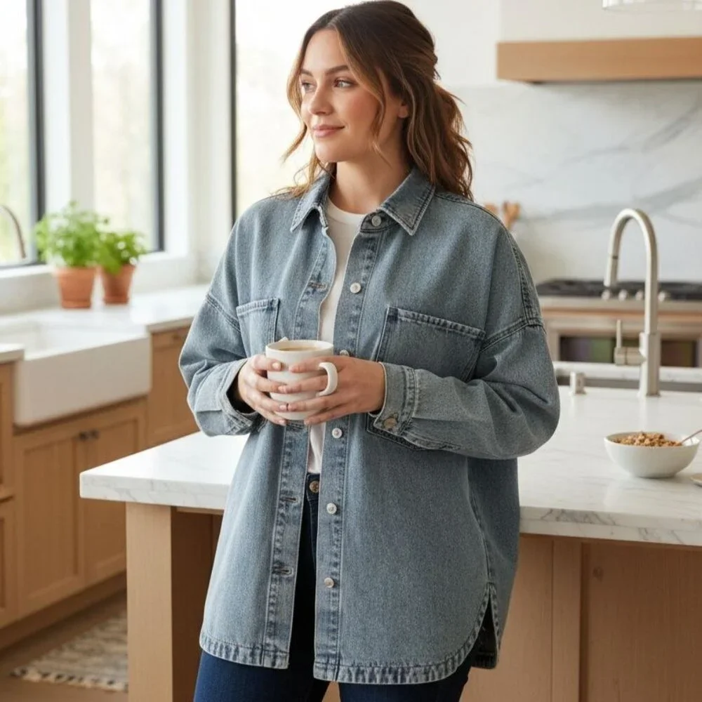 Hudson M Denim Button-up Shacket Oversized Boyfriend Fit Cotton Shirt Jacket Top